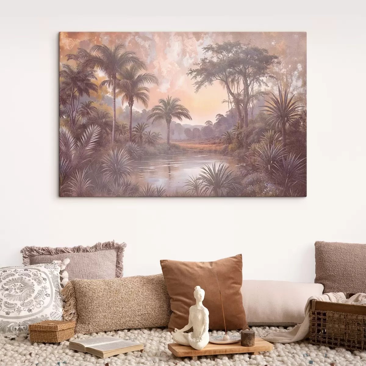 murales de pared Un paisaje de textura tropical con un lago sereno rodeado de exuberantes palmeras y otros follajes s42219