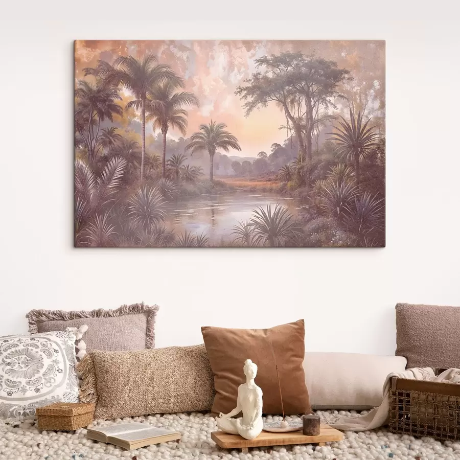 murales de pared Un paisaje de textura tropical con un lago sereno rodeado de exuberantes palmeras y otros follajes s42219