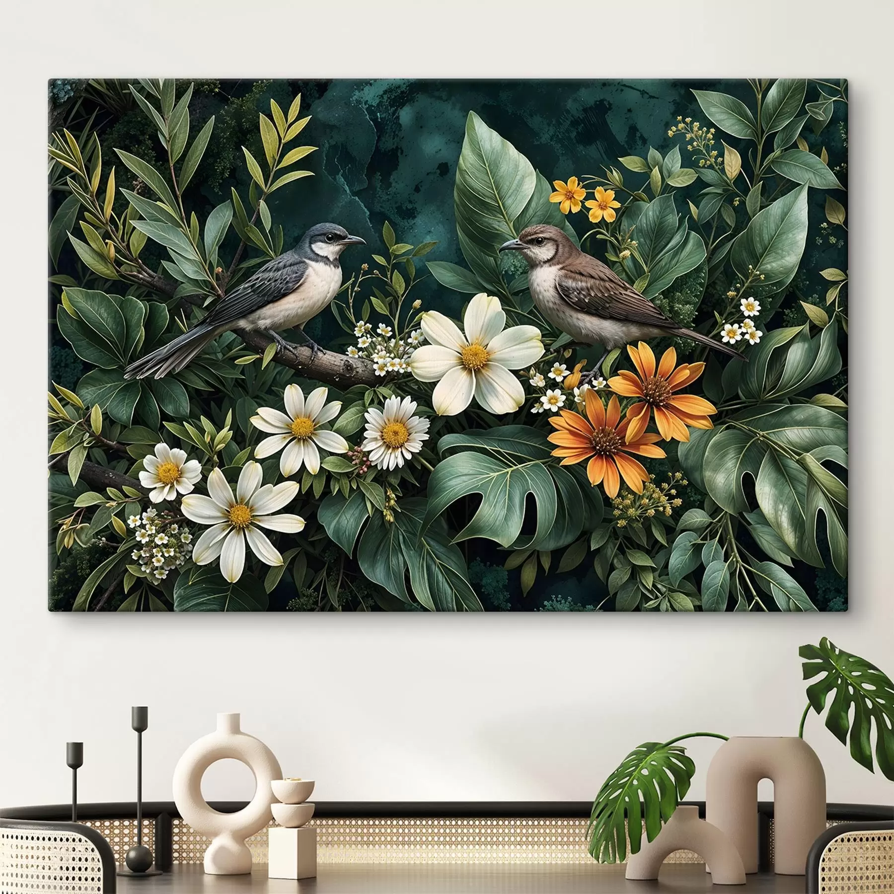 murales de pared Pequeños pájaros posados en ramas rodeadas de exuberante follaje tropical , incluyendo grandes hojas verdes y flores de colores s42220