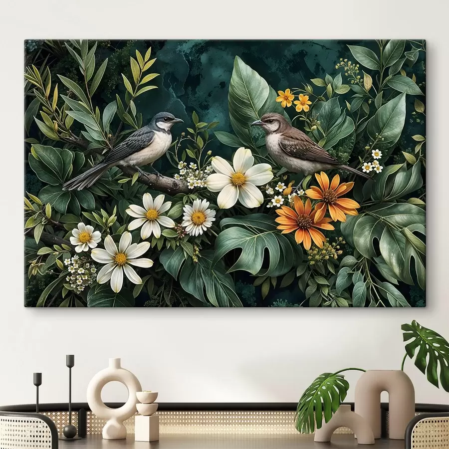 murales de pared Pequeños pájaros posados en ramas rodeadas de exuberante follaje tropical , incluyendo grandes hojas verdes y flores de colores s42220