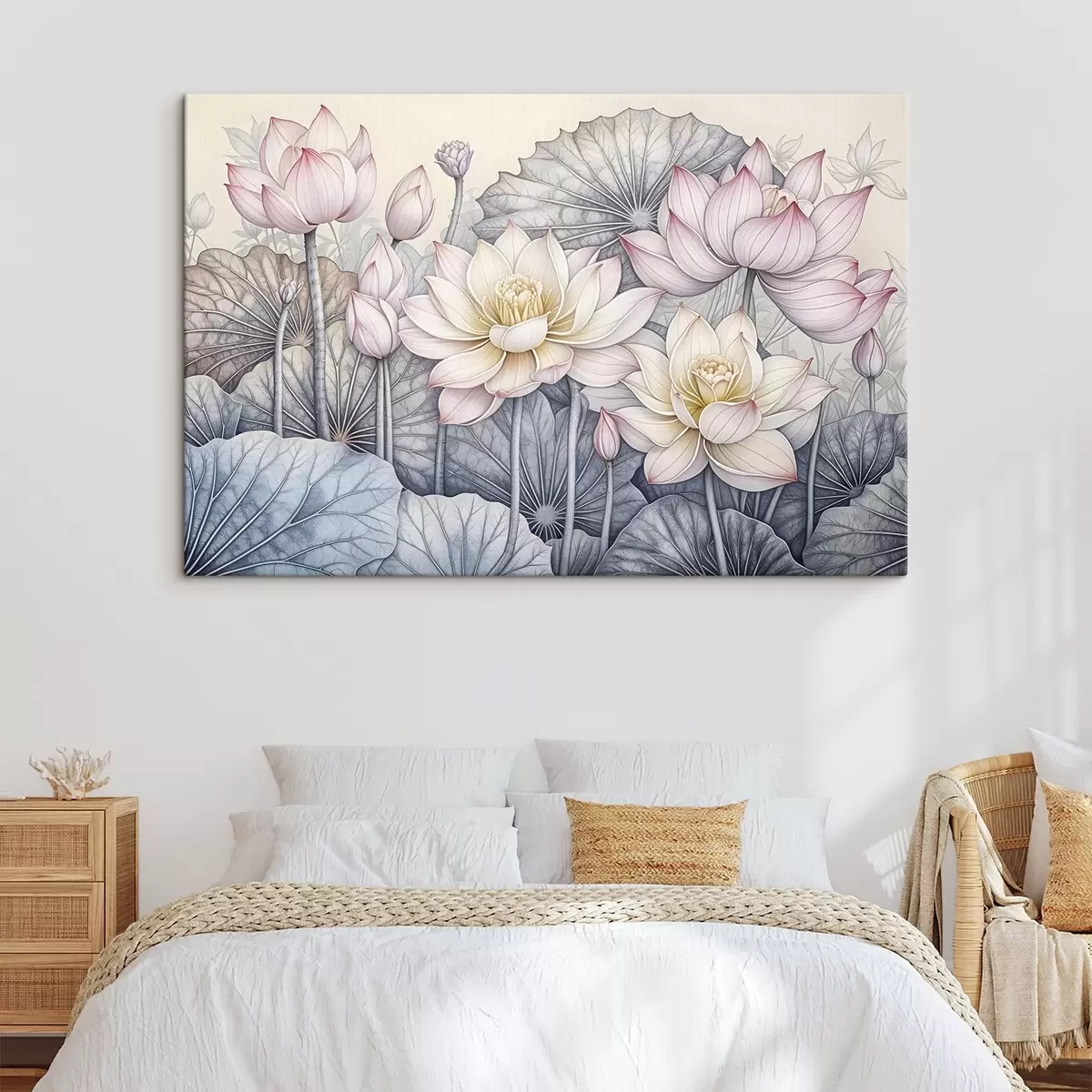 murales de pared Grandes flores de loto rosas y blancas con hojas y tallos verdes sobre un fondo claro con pétalos y centros detallados s42221