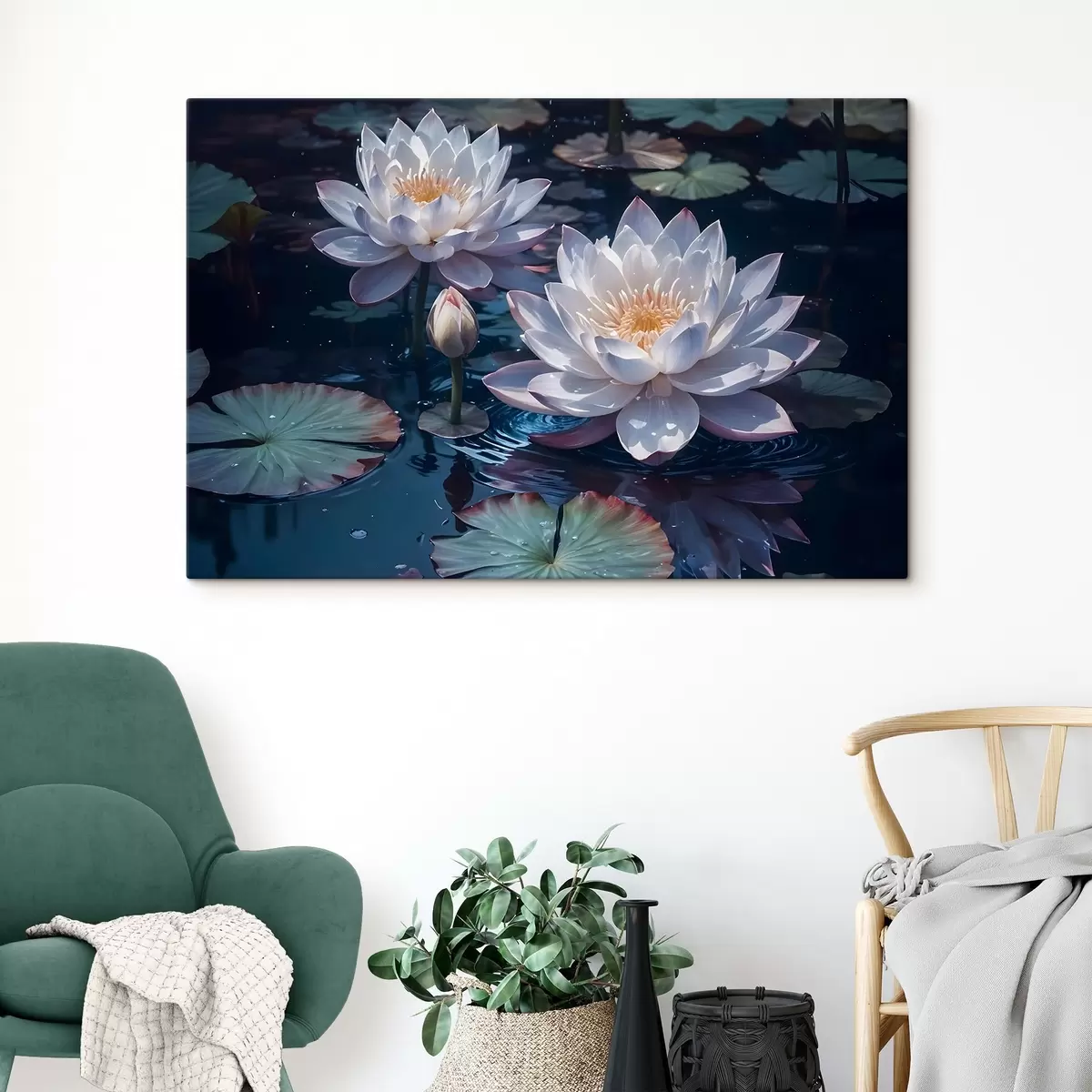 murales de pared Flores de loto blancas flotando en un estanque tranquilo con nenúfares s42225