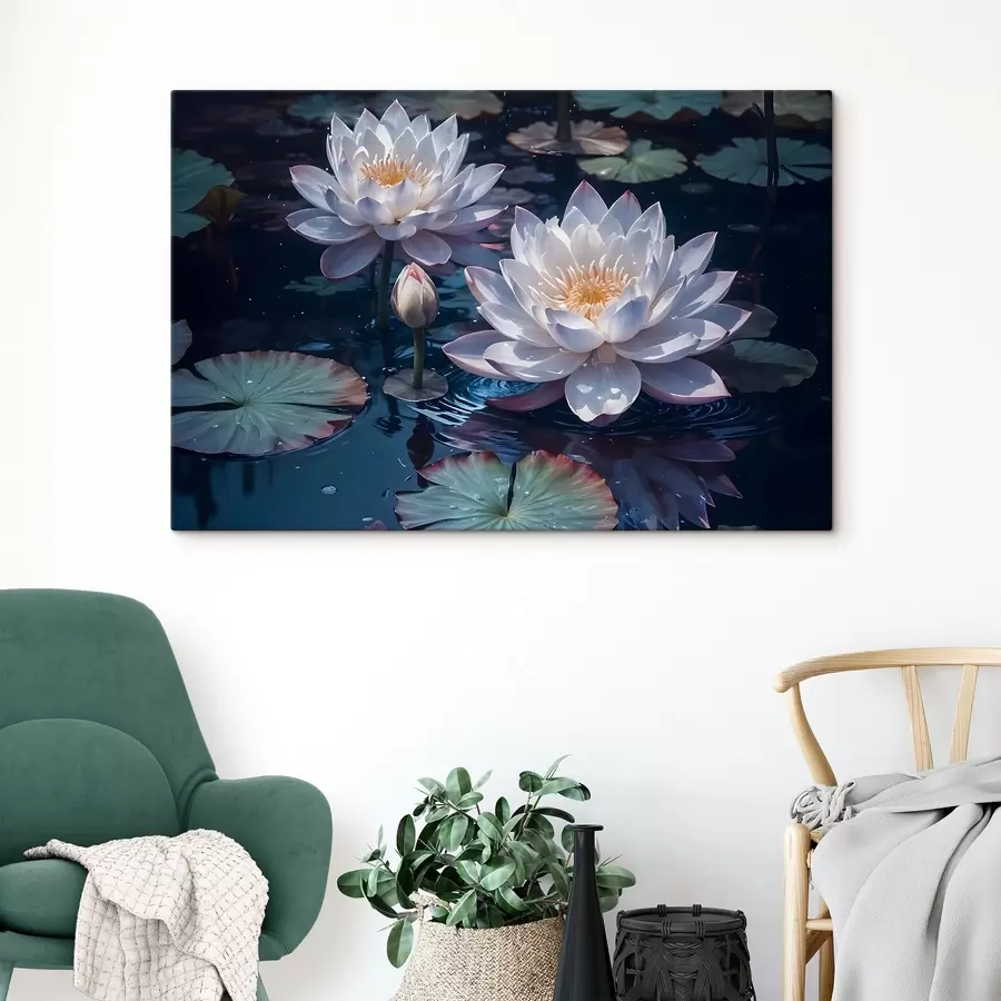 murales de pared Flores de loto blancas flotando en un estanque tranquilo con nenúfares s42225