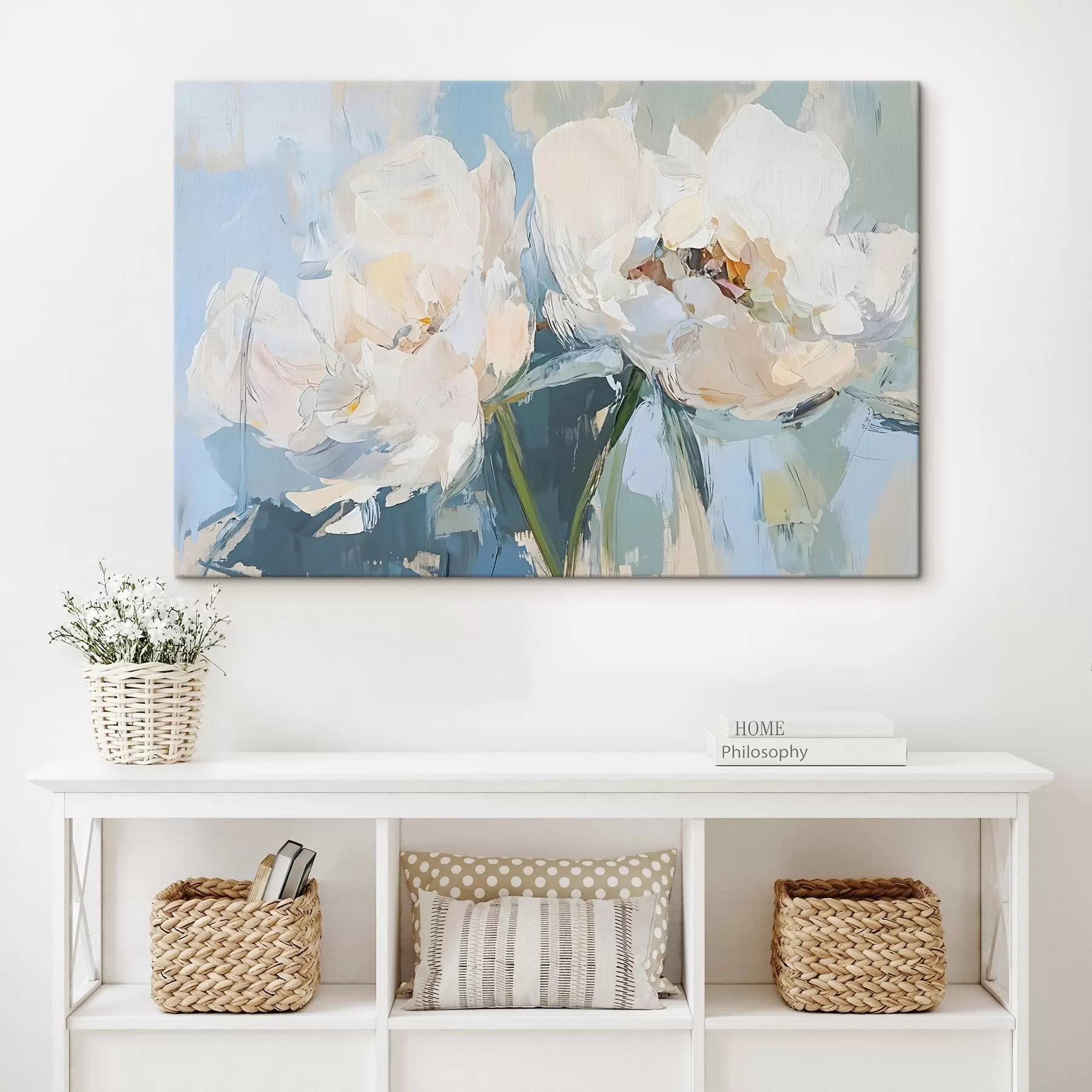 murales de pared Blanco minimalista abstracto peonías pintura al óleo de imitación sobre un fondo azul suave s42226