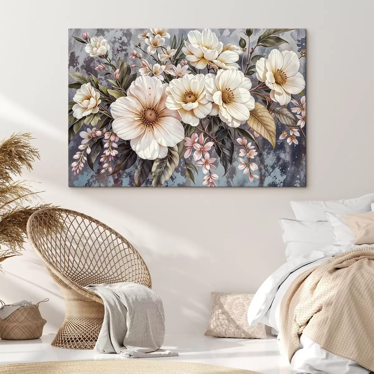 murales de pared Un vibrante ramo de grandes y detalladas flores blancas y rosas de dalia con hojas verdes sobre un fondo oscuro s42227