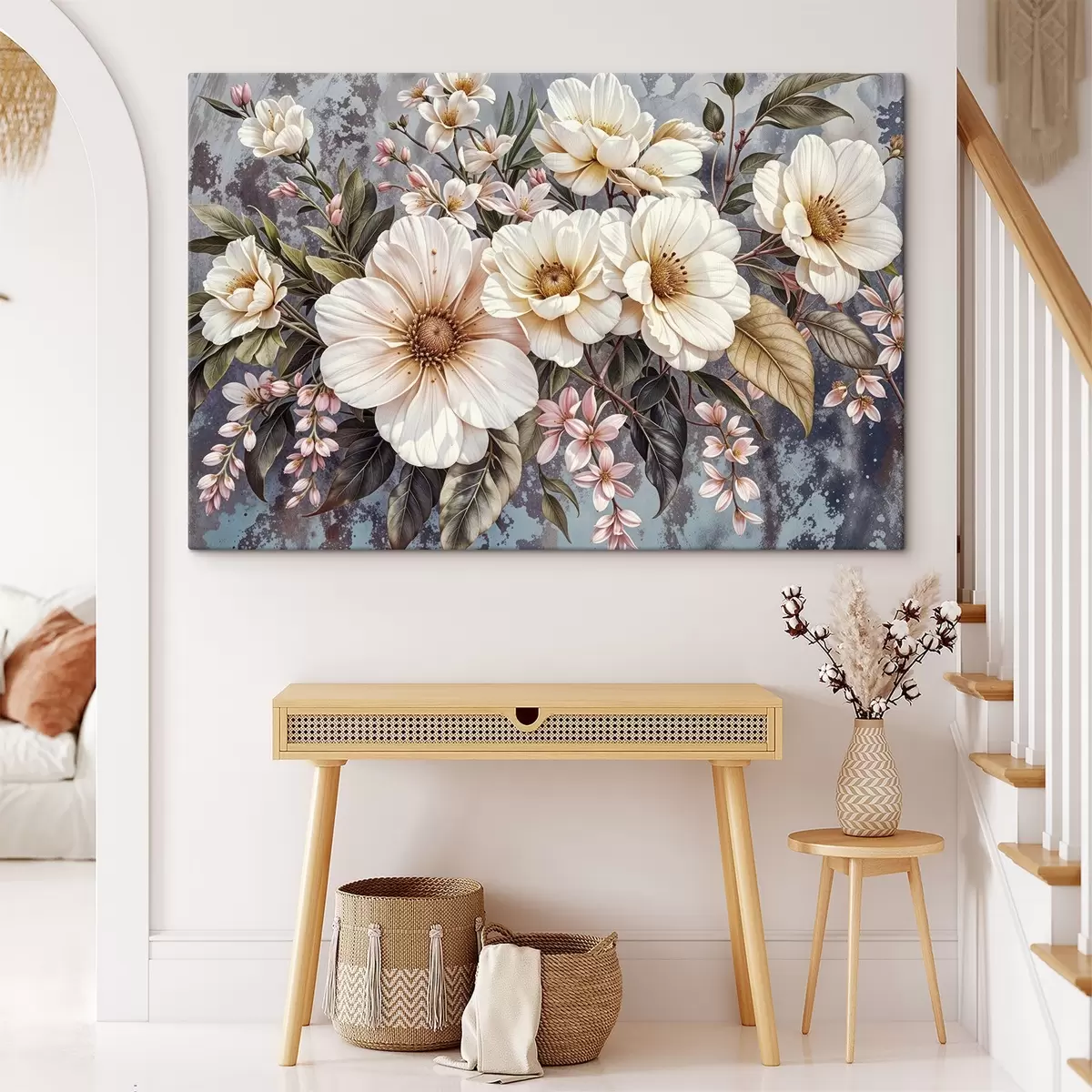 murales de pared Un vibrante ramo de grandes y detalladas flores blancas y rosas de dalia con hojas verdes sobre un fondo oscuro s42227