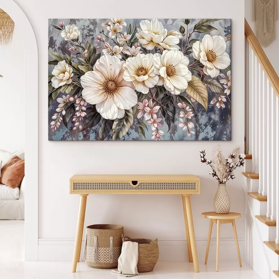 murales de pared Un vibrante ramo de grandes y detalladas flores blancas y rosas de dalia con hojas verdes sobre un fondo oscuro s42227