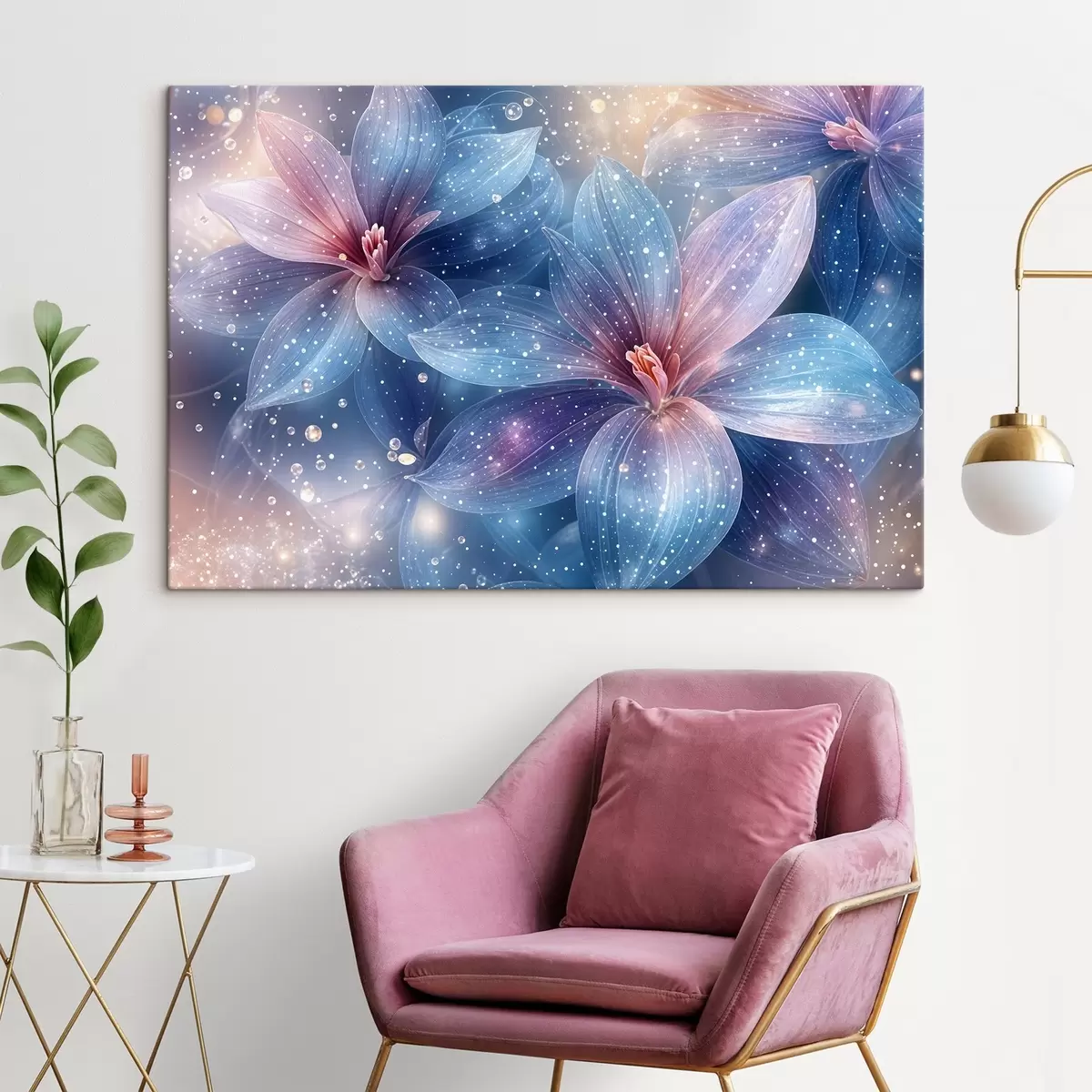 murales de pared Flores vibrantes y etéreas con suaves pétalos pastel sobre un fondo estrellado de ensueño s42231