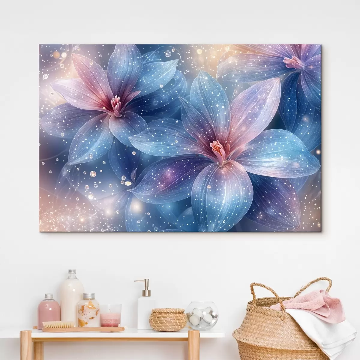 murales de pared Flores vibrantes y etéreas con suaves pétalos pastel sobre un fondo estrellado de ensueño s42231