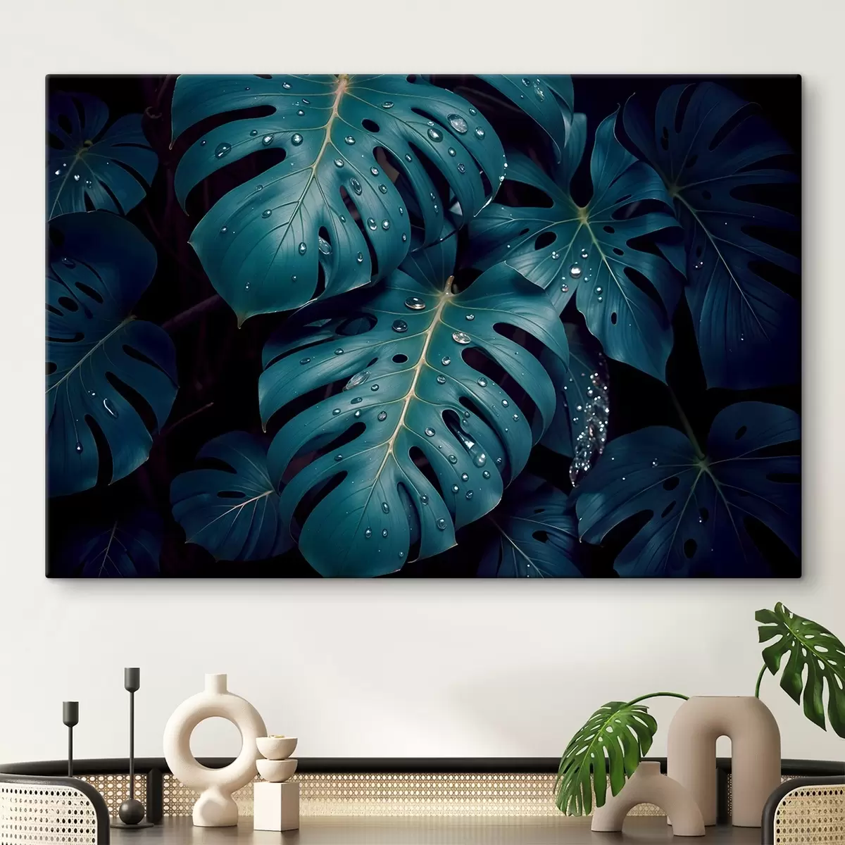 murales de pared Exuberantes hojas tropicales de monstera con gotas de agua sobre un fondo oscuro, creando un estampado atmosférico y cambiante s42233