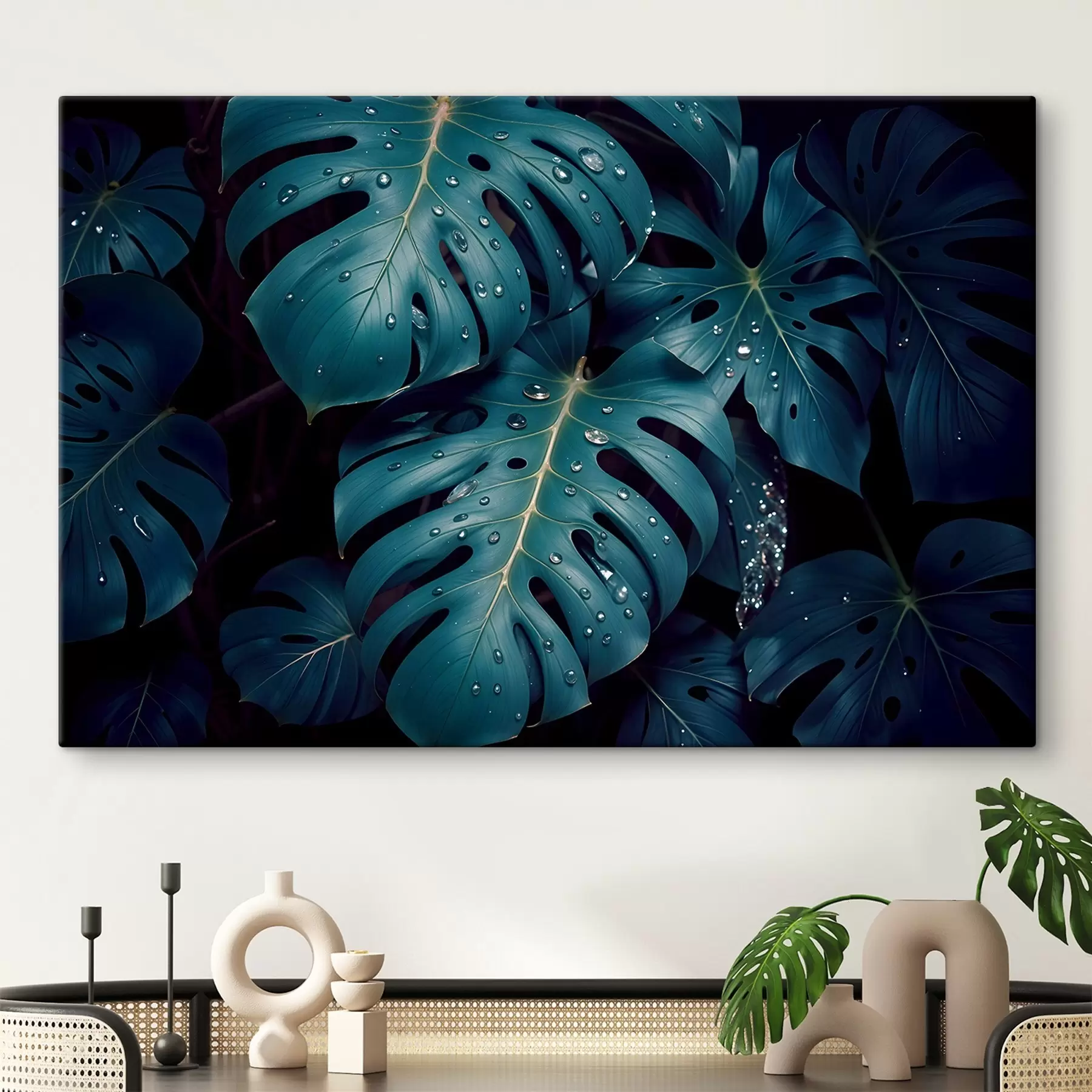 murales de pared Exuberantes hojas tropicales de monstera con gotas de agua sobre un fondo oscuro, creando un estampado atmosférico y cambiante s42233