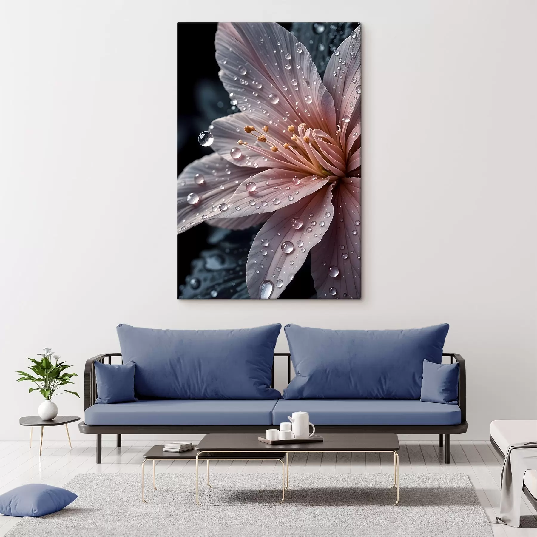 murales de pared Primer plano de una flor rosa con delicados pétalos cubiertos de gotas de agua, sobre un fondo oscuro  s42237