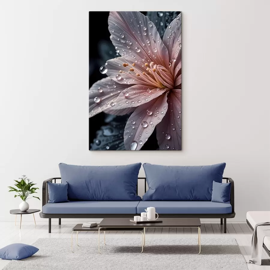 murales de pared Primer plano de una flor rosa con delicados pétalos cubiertos de gotas de agua, sobre un fondo oscuro  s42237