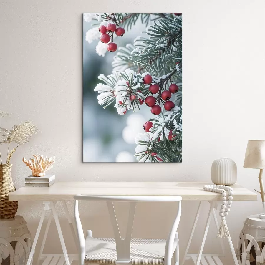 murales de pared Rama de pino nevado con bayas rojas , escena invernal s42238