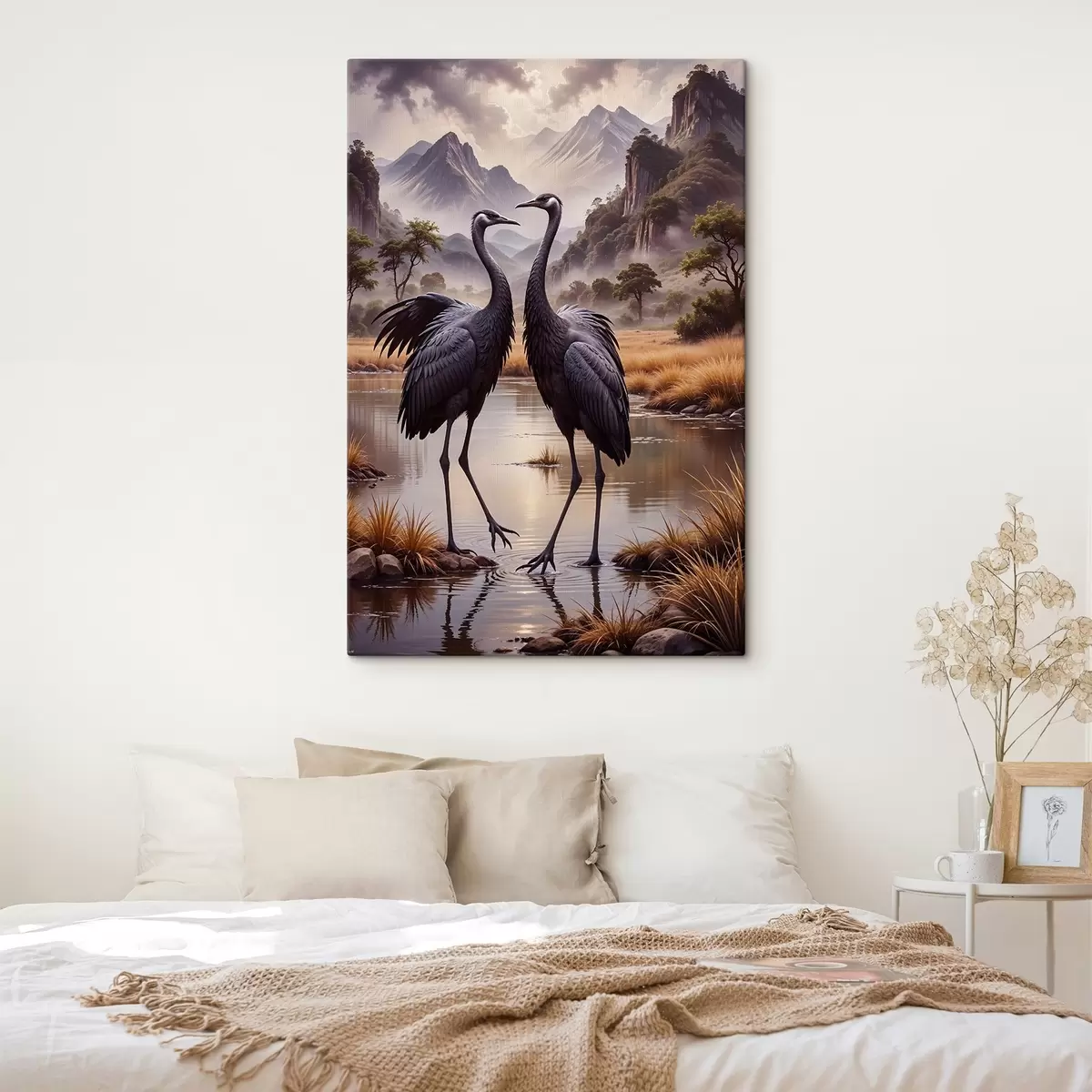 murales de pared Dos grandes grullas negras de pie en un estanque poco profundo , con un paisaje montañoso de fondo  s42240