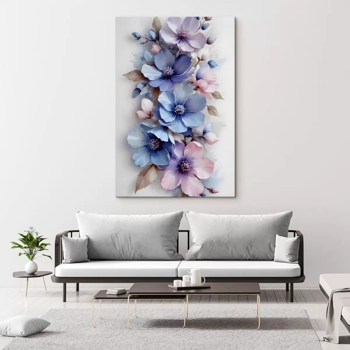 murales de pared Delicadas flores azules y rosas con suaves pétalos y centros, dispuestas en un bonito estampado floral sobre un fondo claro s42241