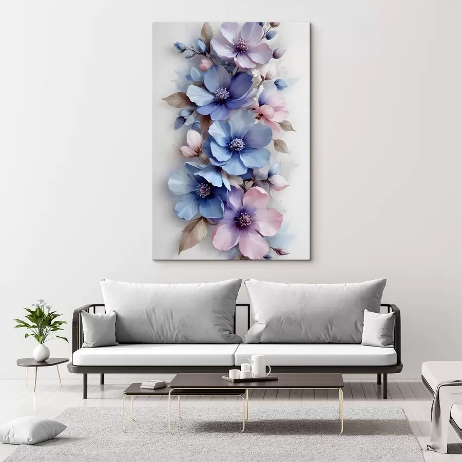 murales de pared Delicadas flores azules y rosas con suaves pétalos y centros, dispuestas en un bonito estampado floral sobre un fondo claro s42241
