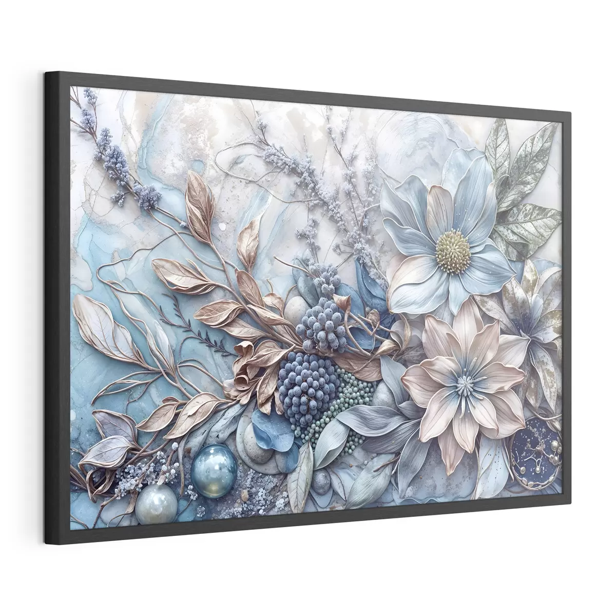 Poster Exuberantes flores abstractas de textura detallada con grandes y vibrantes flores azules y rosas, bayas y otros elementos botánicos f42210