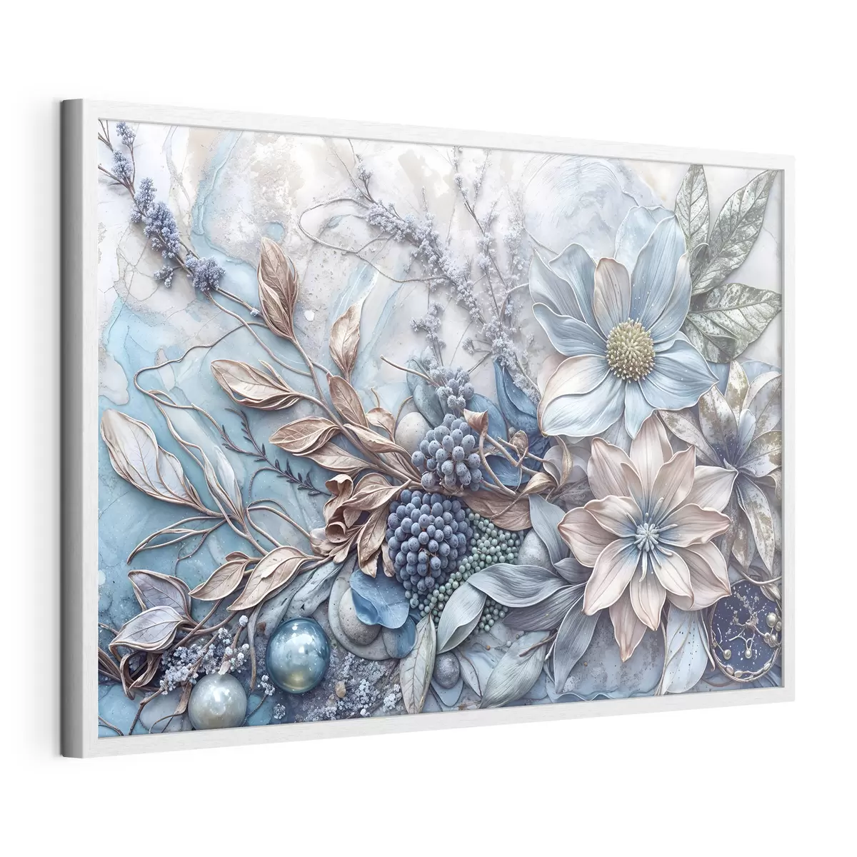 Poster Exuberantes flores abstractas de textura detallada con grandes y vibrantes flores azules y rosas, bayas y otros elementos botánicos f42210
