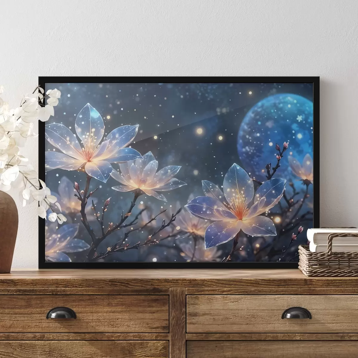 Poster Abstracto flores de fantasía en las ramas con pétalos de textura con las estrellas y una luna en un cielo nocturno de fondo f42211