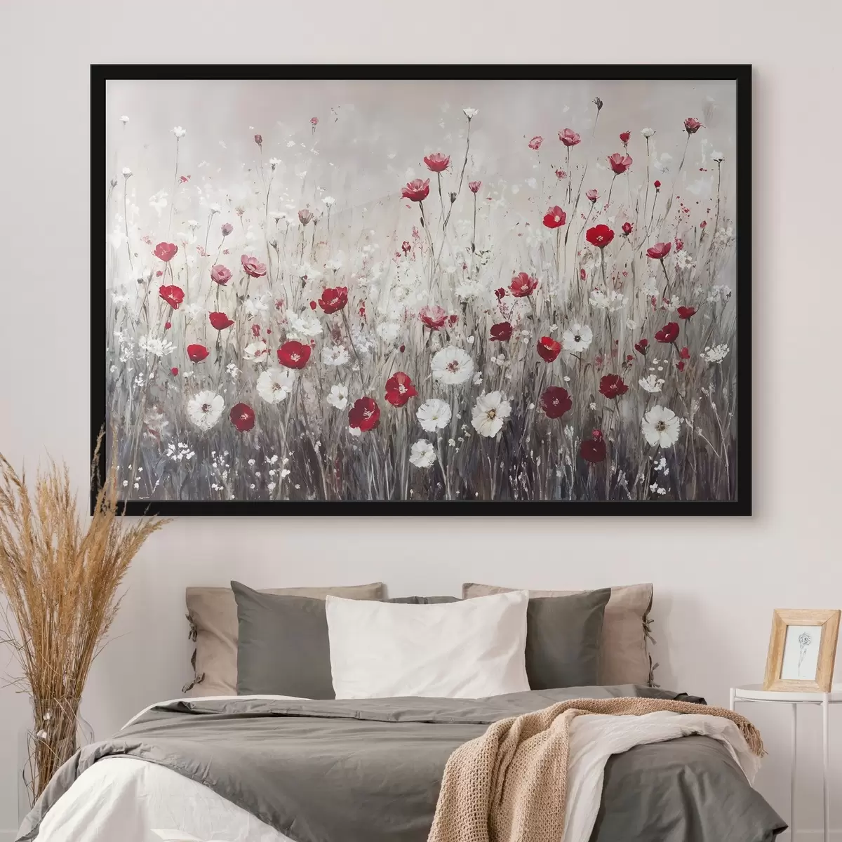 Poster Imitación abstracta al óleo de un campo de flores rojas y blancas de amapolas y margaritas sobre un fondo gris texturado f42213