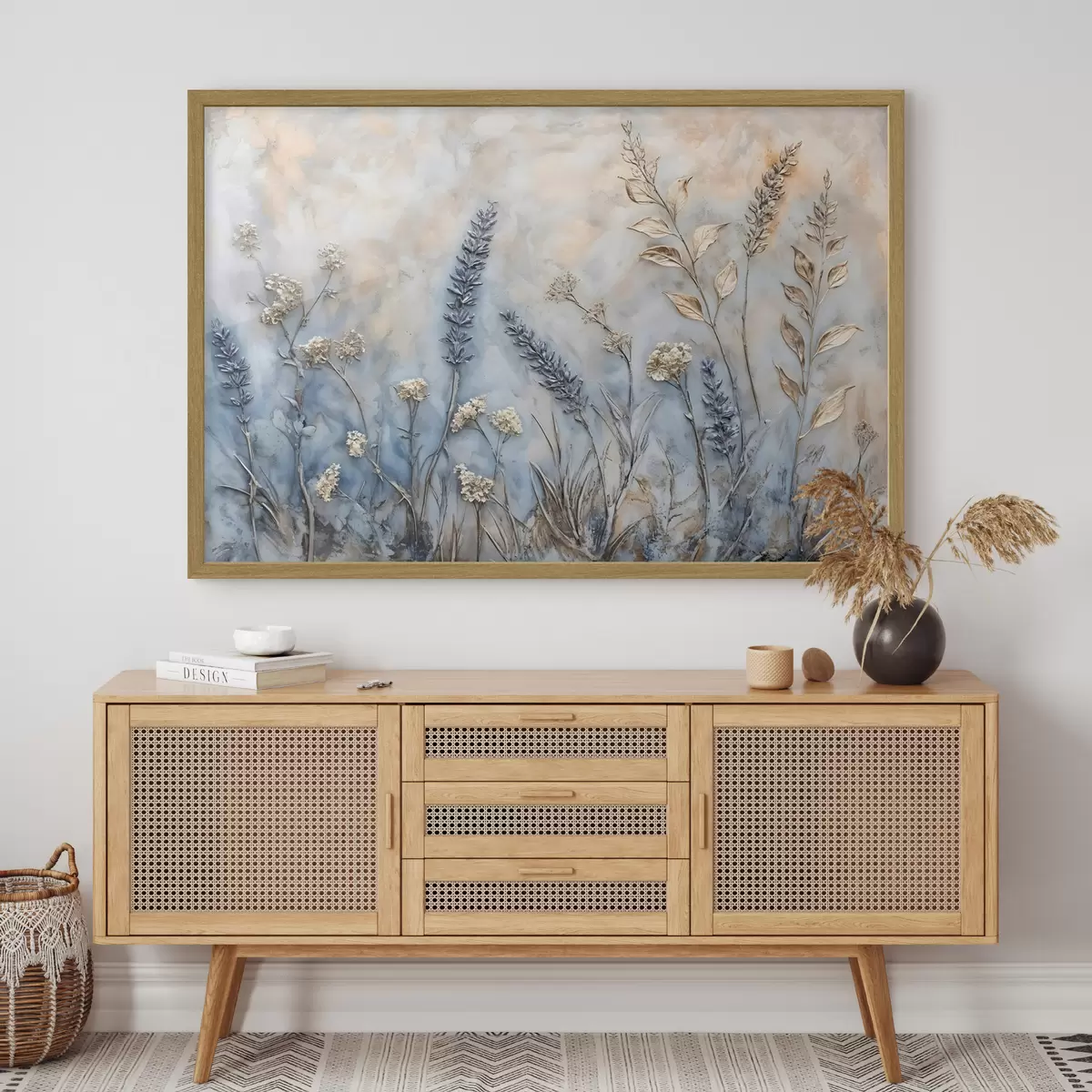 Poster Un campo de diversas flores silvestres y plantas en tonos azules, blancos y beige sobre un fondo suave y brumoso f42214