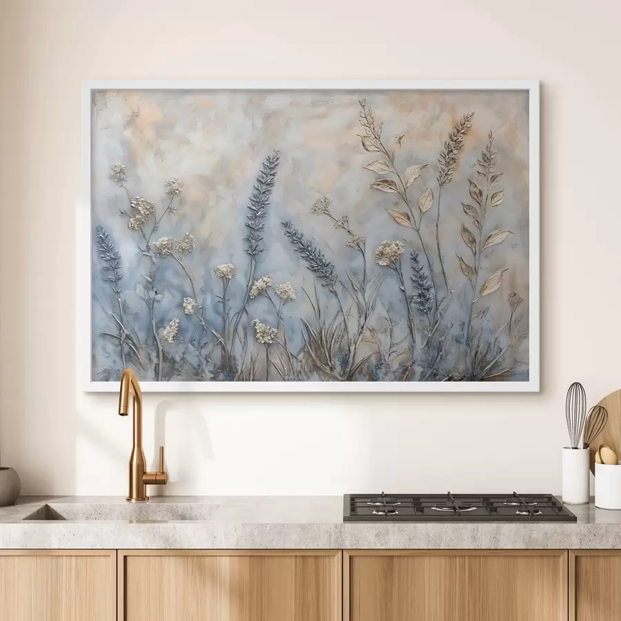 murales de pared Un campo de diversas flores silvestres y plantas en tonos azules, blancos y beige sobre un fondo suave y brumoso f42214