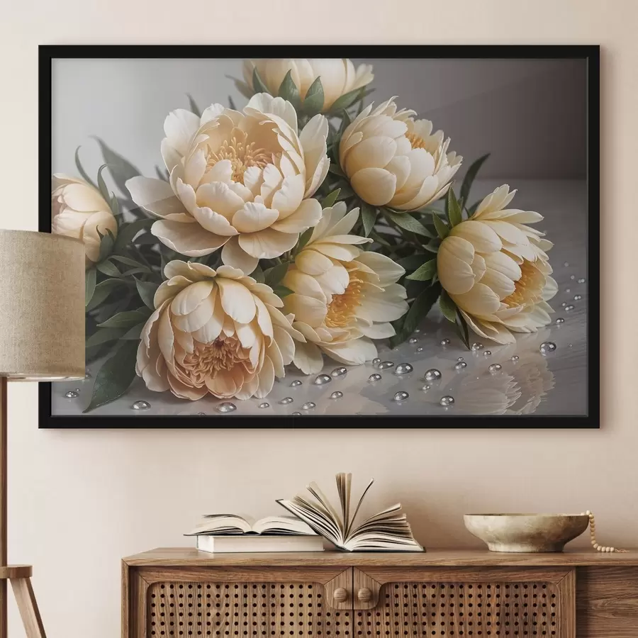 murales de pared Flores de peonía detalladas de color crema con hojas verde oscuro sobre fondo gris f42215