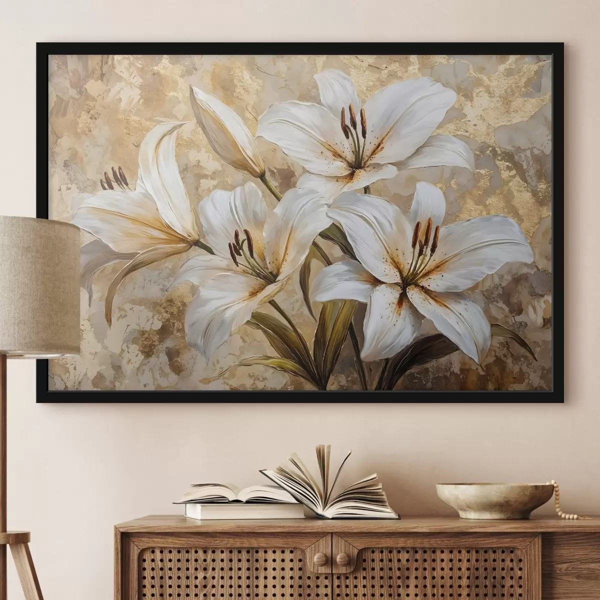 Poster Lirios blancos con centros amarillos sobre un fondo beige texturado f42216