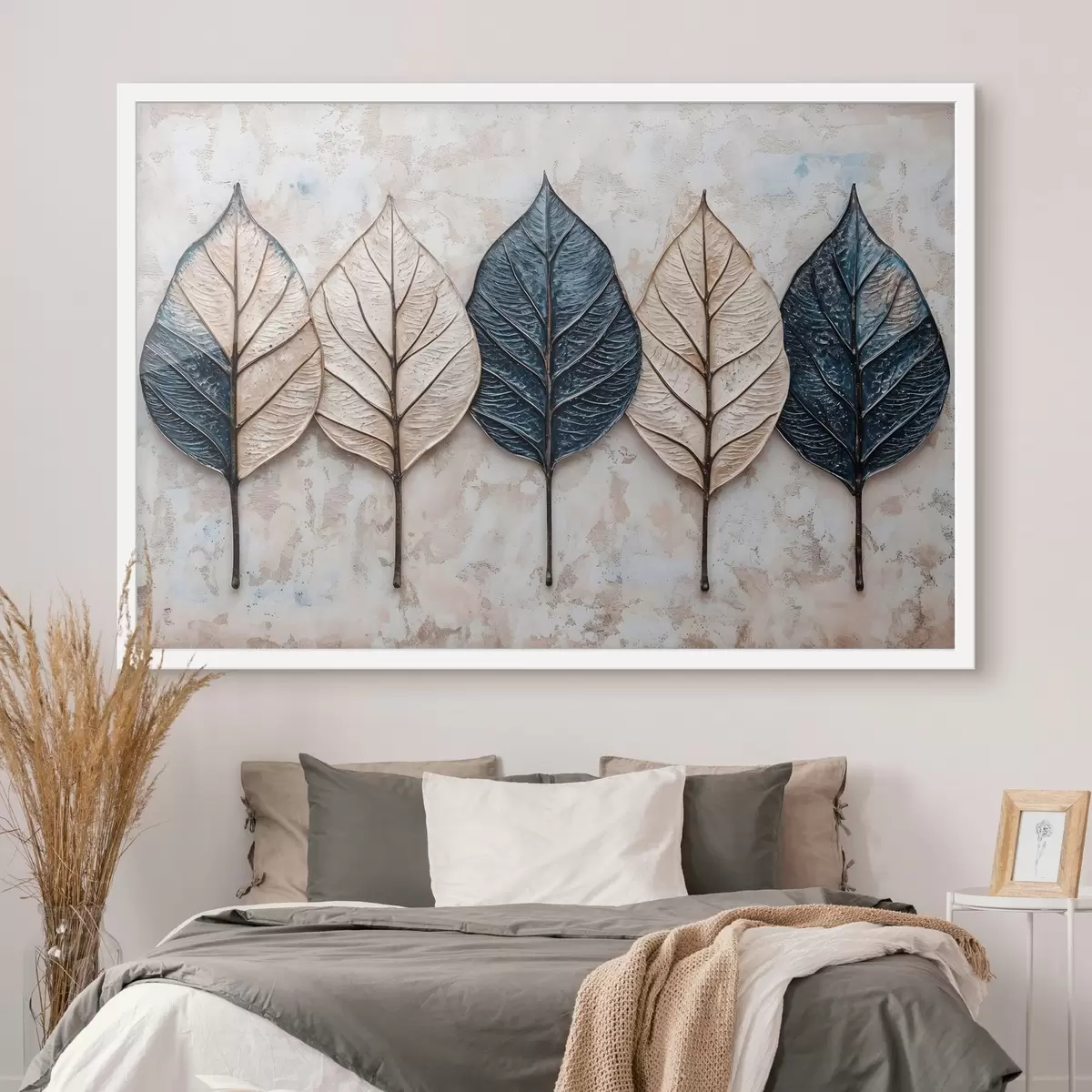 Poster Surtido de hojas abstractas otoñales en varios tonos de marrón, beige y azul dispuestas en fila sobre un fondo claro f42217