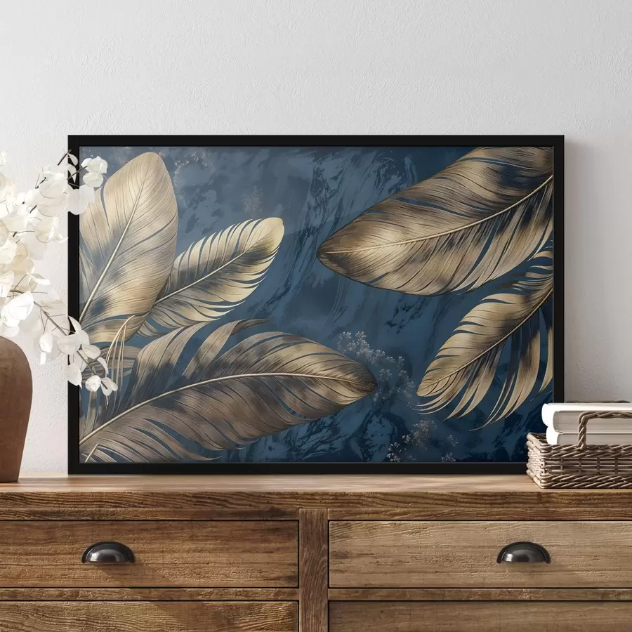 murales de pared Plumas decorativas abstractas de color amarillo y beige flotando sobre un fondo de textura azul oscuro f42218