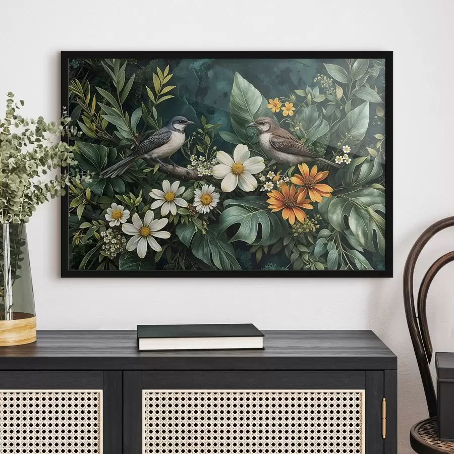 murales de pared Pequeños pájaros posados en ramas rodeadas de exuberante follaje tropical , incluyendo grandes hojas verdes y flores de colores f42220