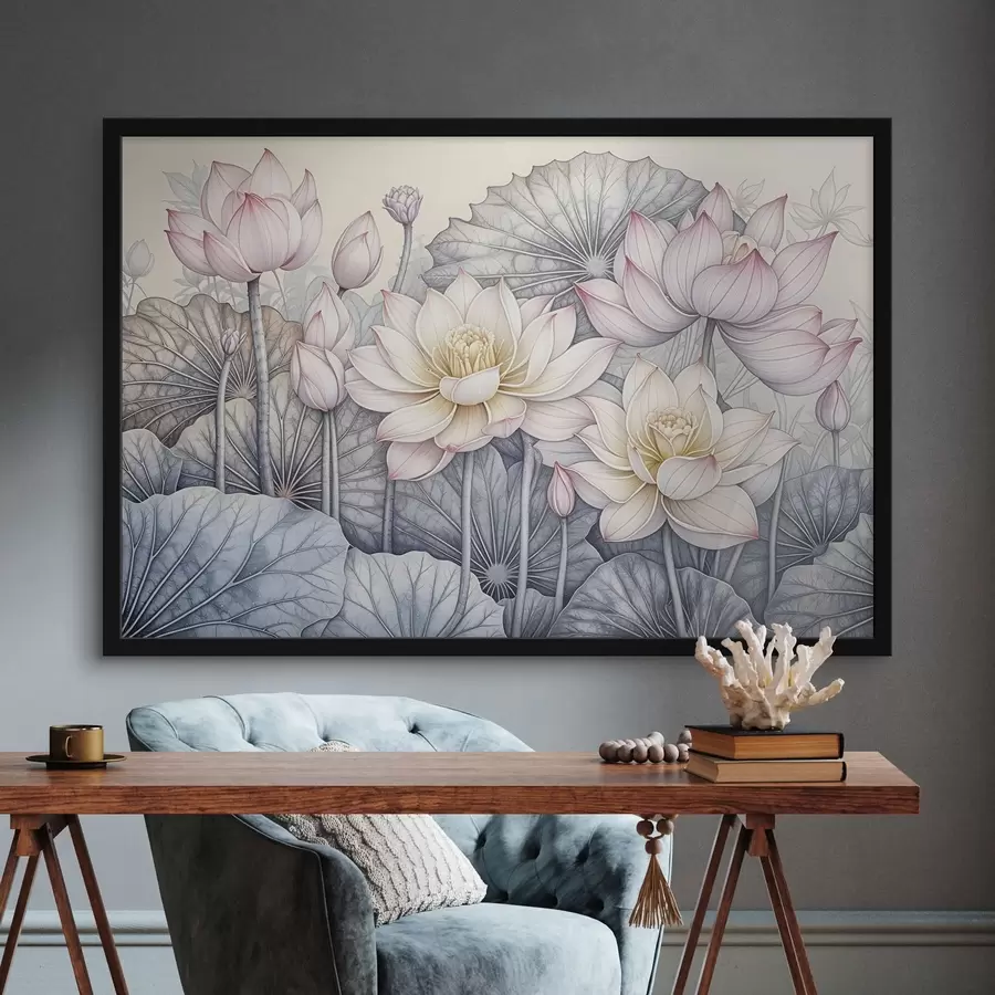 murales de pared Grandes flores de loto rosas y blancas con hojas y tallos verdes sobre un fondo claro con pétalos y centros detallados f42221