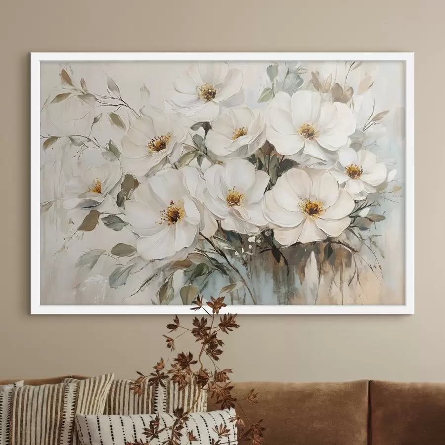 murales de pared Ramo de grandes flores blancas al óleo con centros amarillos sobre fondo claro f42222