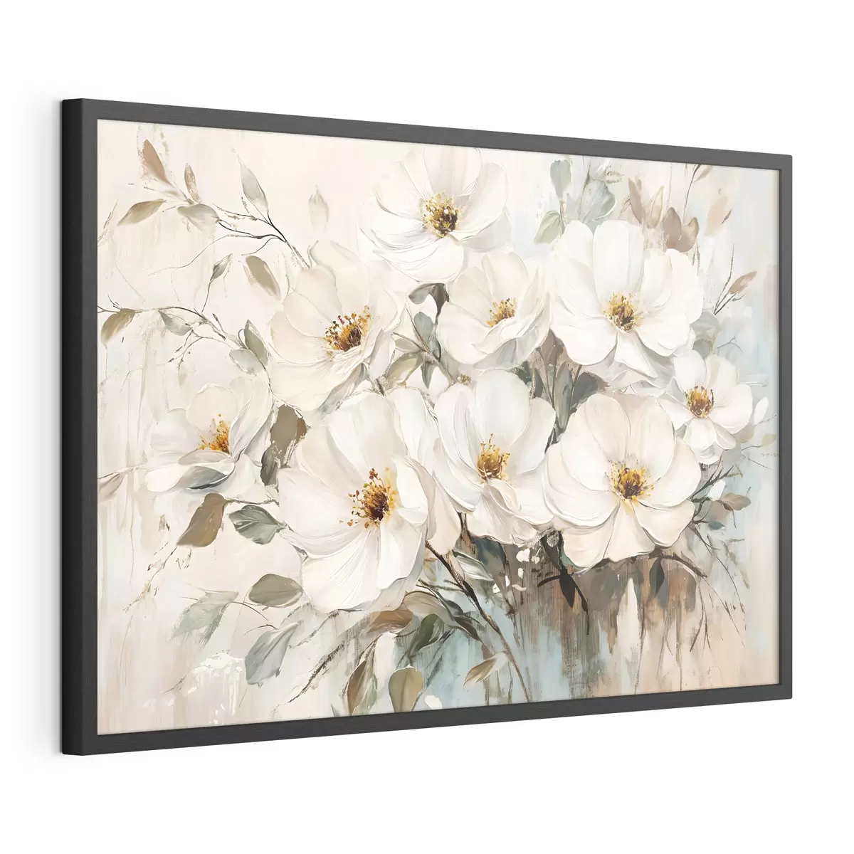 Poster Ramo de grandes flores blancas al óleo con centros amarillos sobre fondo claro f42222