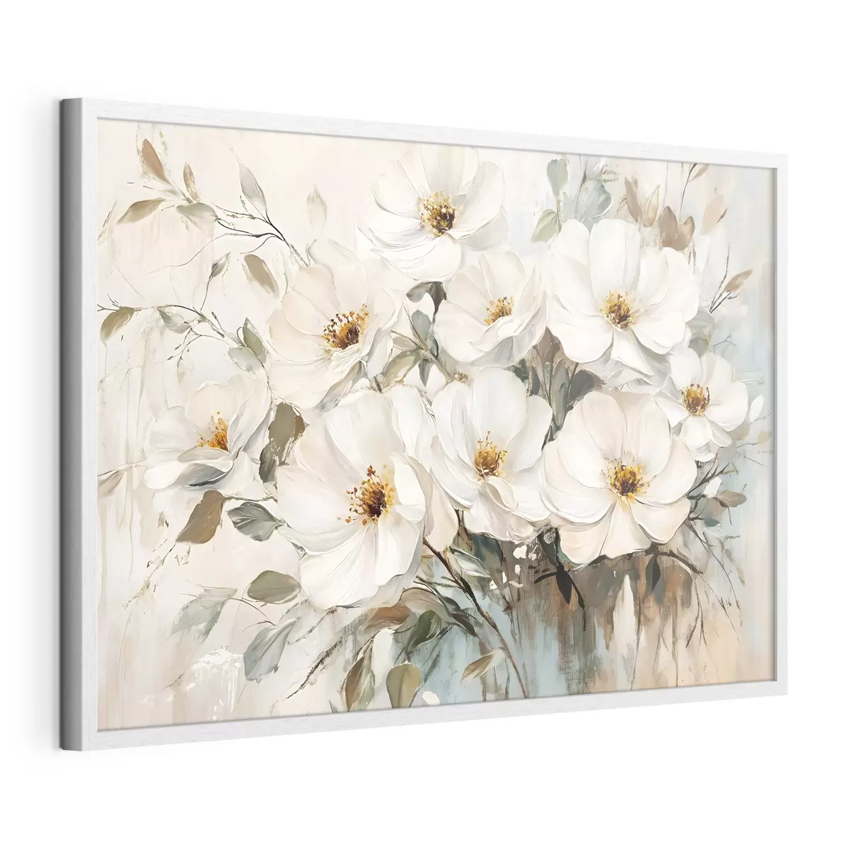 Poster Ramo de grandes flores blancas al óleo con centros amarillos sobre fondo claro f42222