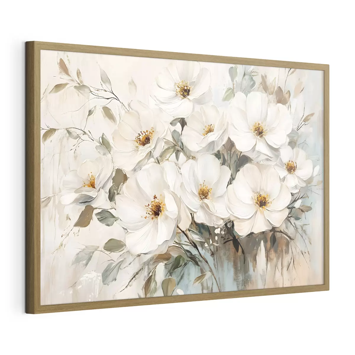 Poster Ramo de grandes flores blancas al óleo con centros amarillos sobre fondo claro f42222
