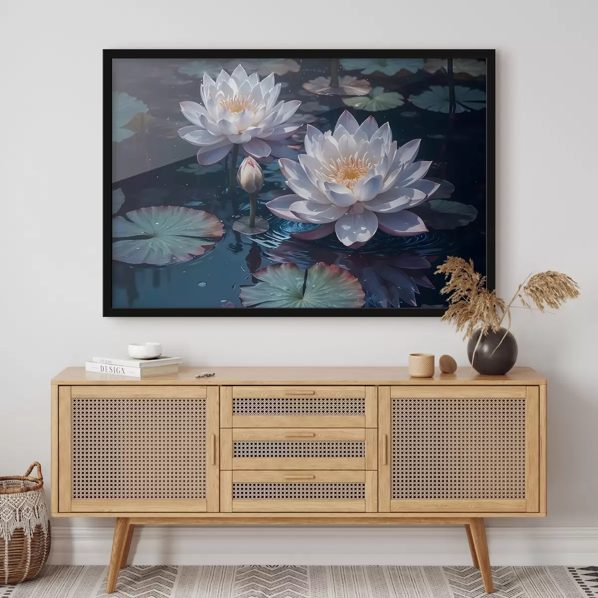 Poster Flores de loto blancas flotando en un estanque tranquilo con nenúfares f42225