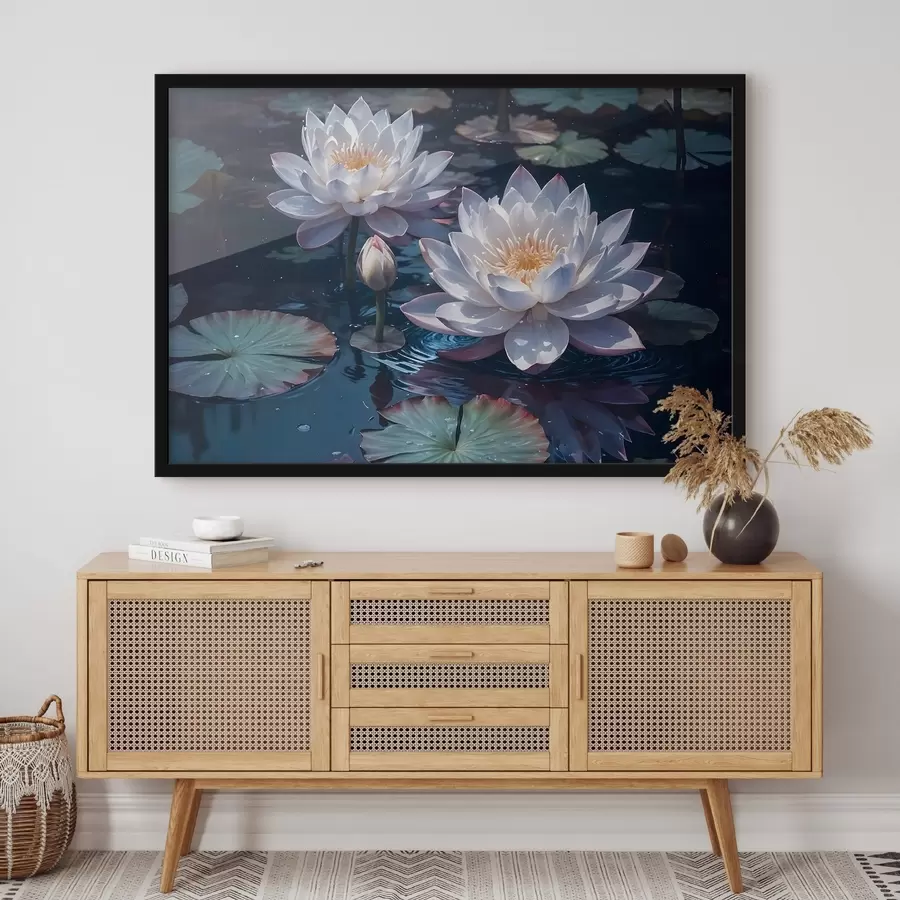 murales de pared Flores de loto blancas flotando en un estanque tranquilo con nenúfares f42225