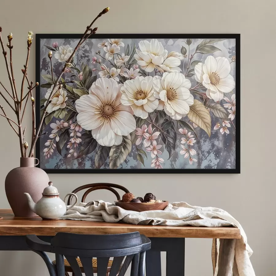 murales de pared Un vibrante ramo de grandes y detalladas flores blancas y rosas de dalia con hojas verdes sobre un fondo oscuro f42227