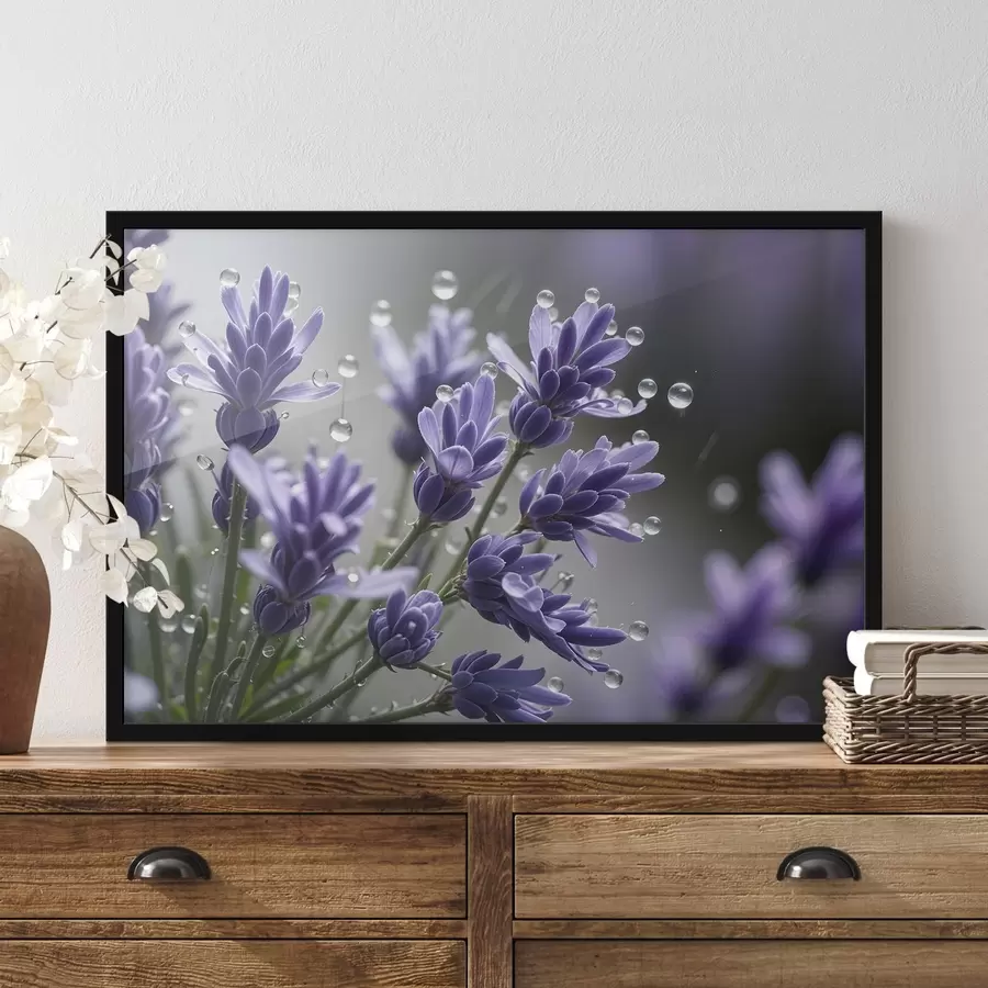 murales de pared Flores de lavanda púrpura con gotas de agua en los pétalos, sobre un fondo borroso f42229