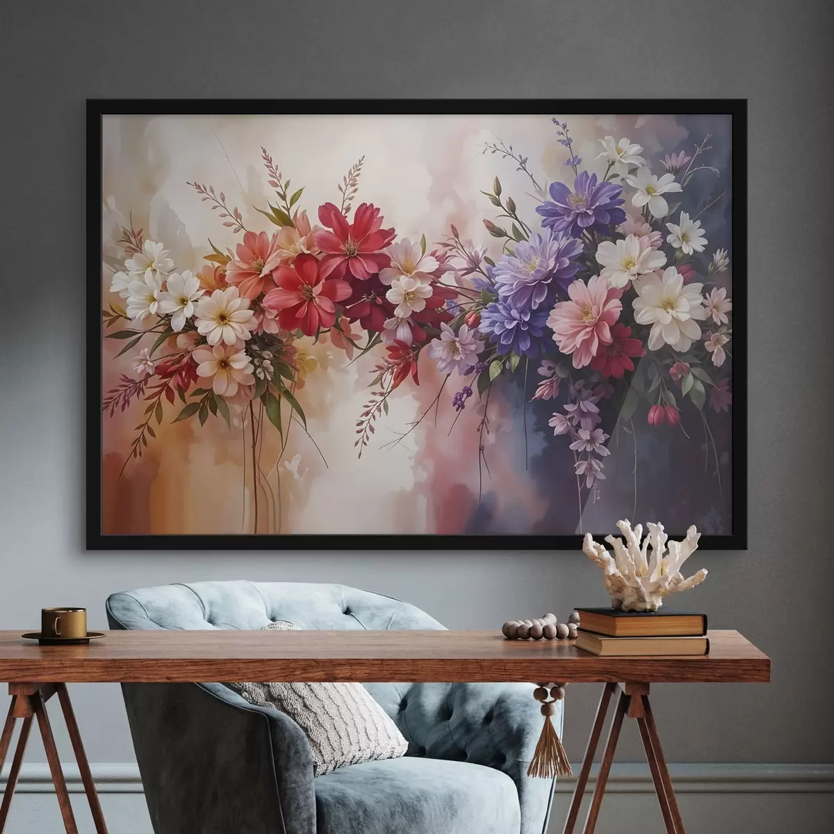 Poster Flores de colores como dalias rojas, rosas y moradas, margaritas y otras flores sobre un fondo suave y difuminado f42234