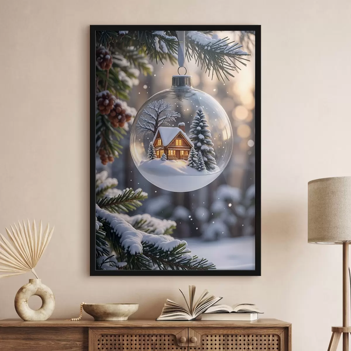 Poster Un globo navideño de cristal con un paisaje invernal nevado en su interior, que muestra una acogedora cabaña en el bosque con pinos f42236
