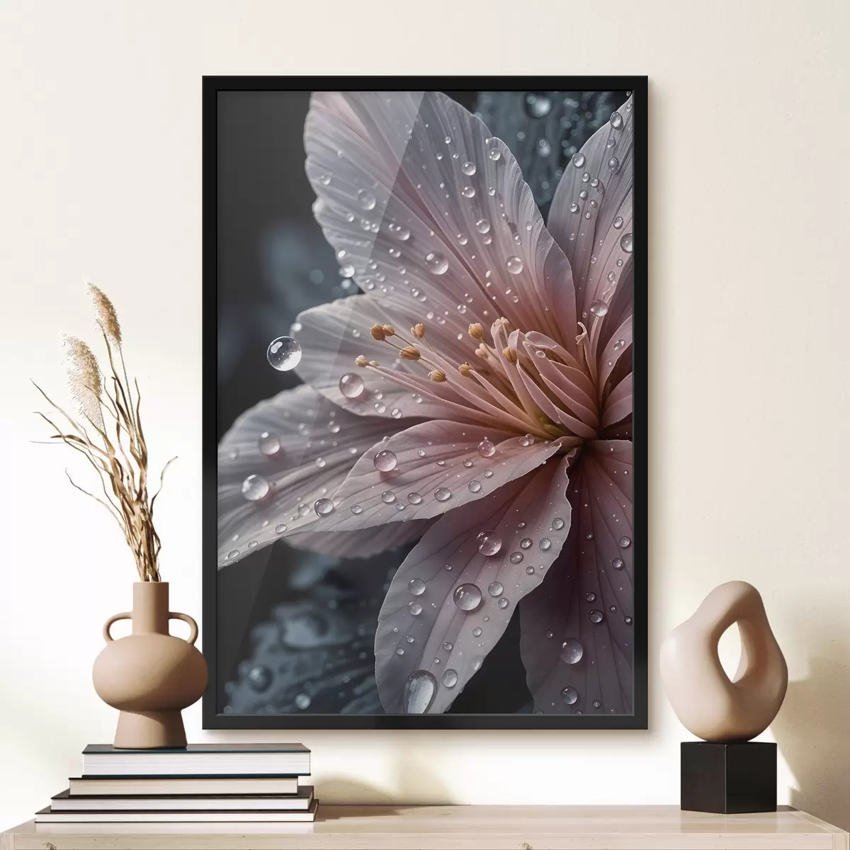 Poster Primer plano de una flor rosa con delicados pétalos cubiertos de gotas de agua, sobre un fondo oscuro f42237