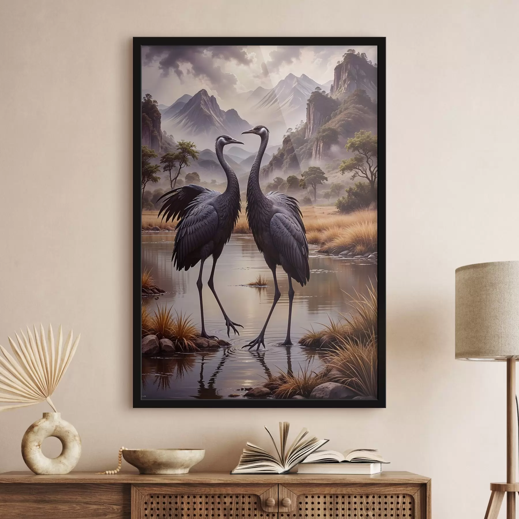 murales de pared Dos grandes grullas negras de pie en un estanque poco profundo , con un paisaje montañoso de fondo f42240