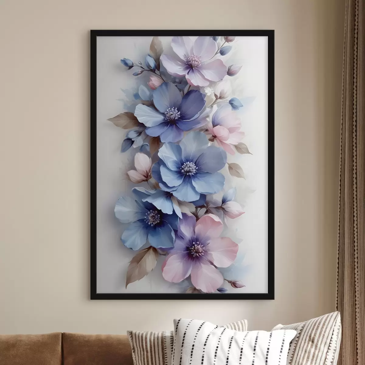 Poster Delicadas flores azules y rosas con suaves pétalos y centros, dispuestas en un bonito estampado floral sobre un fondo claro f42241