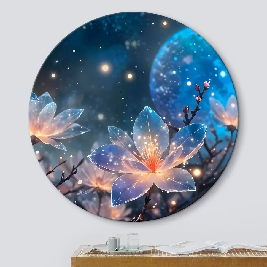 murales de pared Abstracto flores de fantasía en las ramas con pétalos de textura con las estrellas y una luna en un cielo nocturno de fondo r42211
