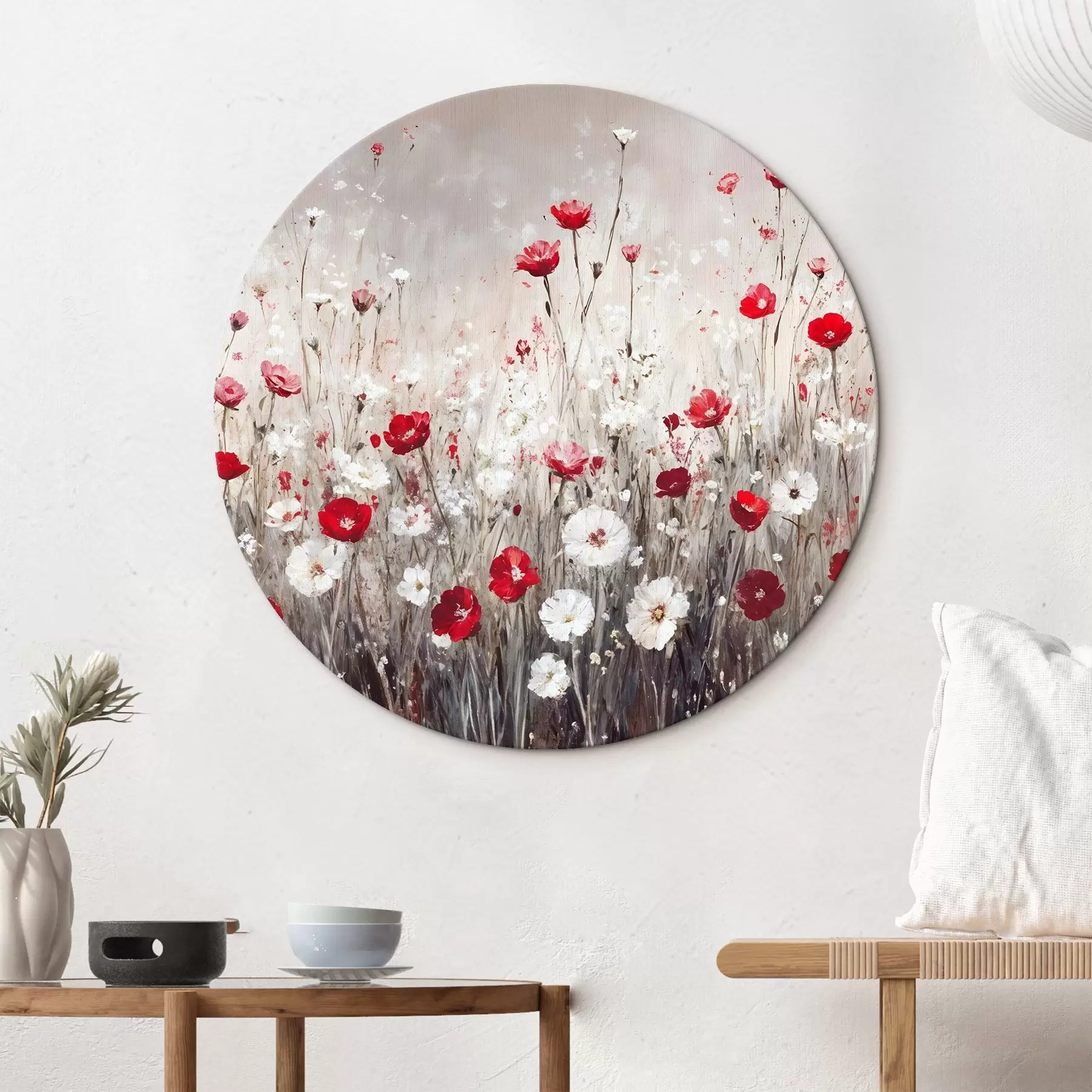 murales de pared Imitación abstracta al óleo de un campo de flores rojas y blancas de amapolas y margaritas sobre un fondo gris texturado r42213