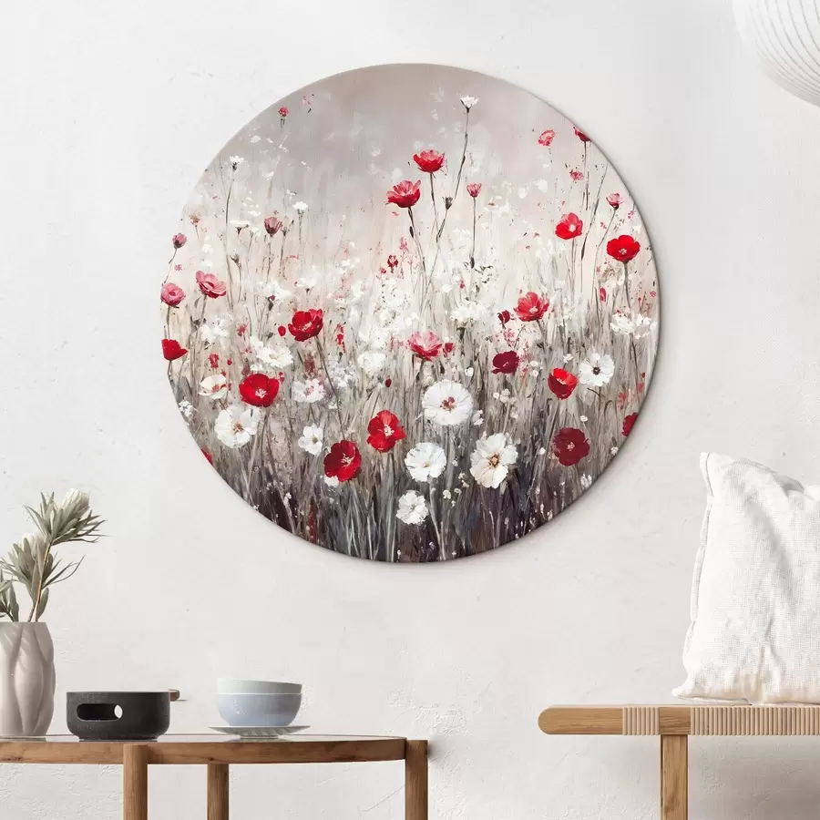 murales de pared Imitación abstracta al óleo de un campo de flores rojas y blancas de amapolas y margaritas sobre un fondo gris texturado r42213