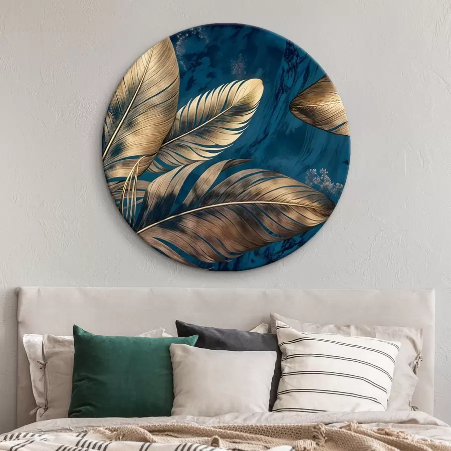 murales de pared Plumas decorativas abstractas de color amarillo y beige flotando sobre un fondo de textura azul oscuro r42218